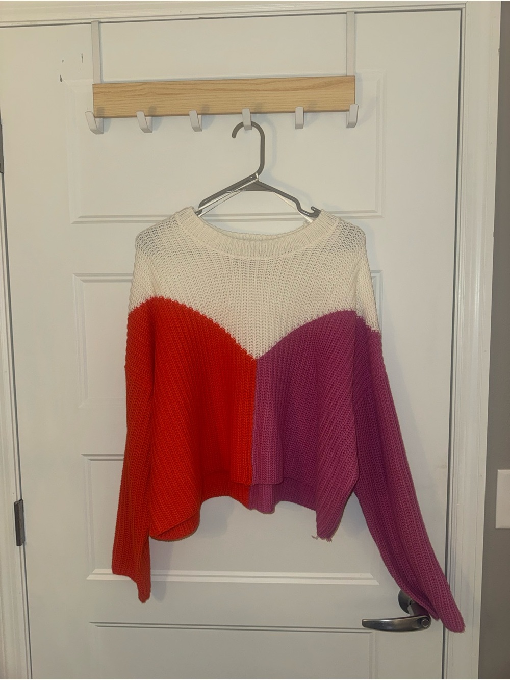 Colorblock Knit Sweater – White, Red & Pink